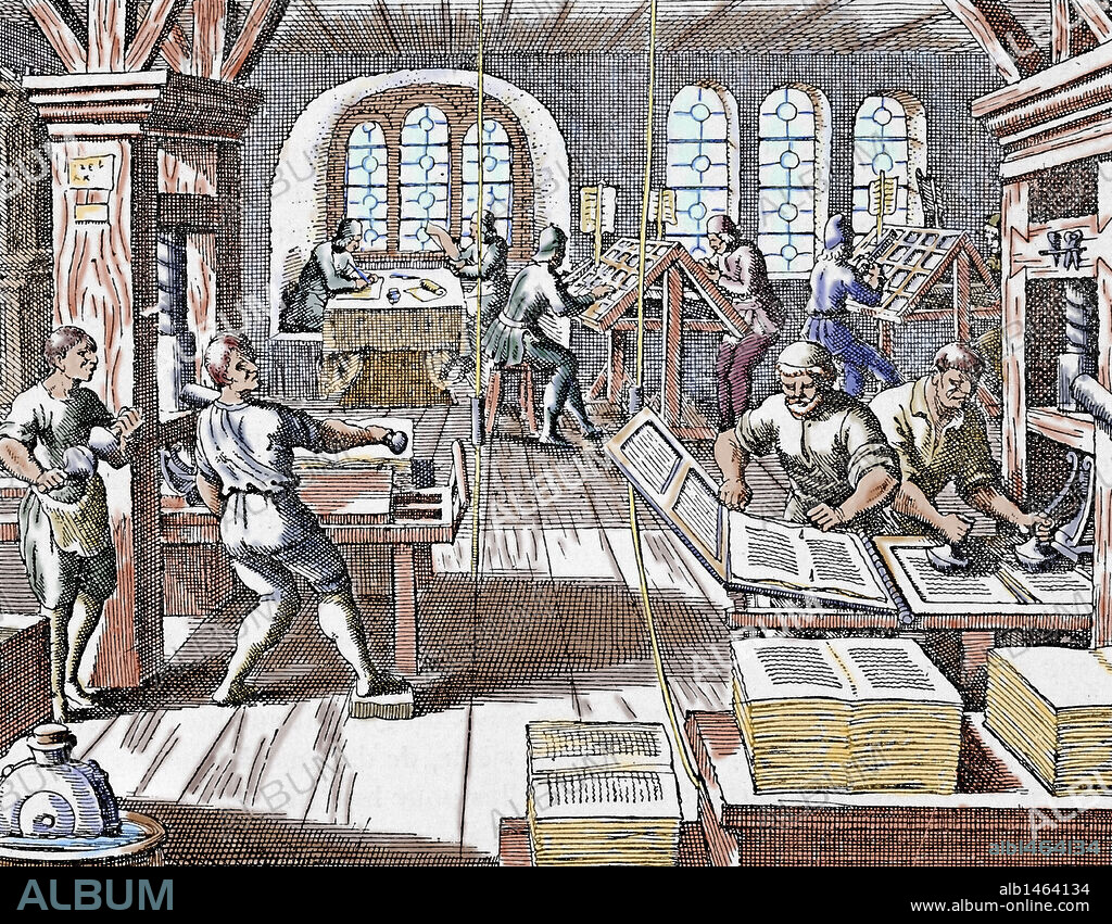 EPOCA MODERNA. (S. XVII). INTERIOR DE UNA IMPRENTA. Grabado coloreado de la obra "Cronica Histórica de Gottfried". Frankfurt, 1619.