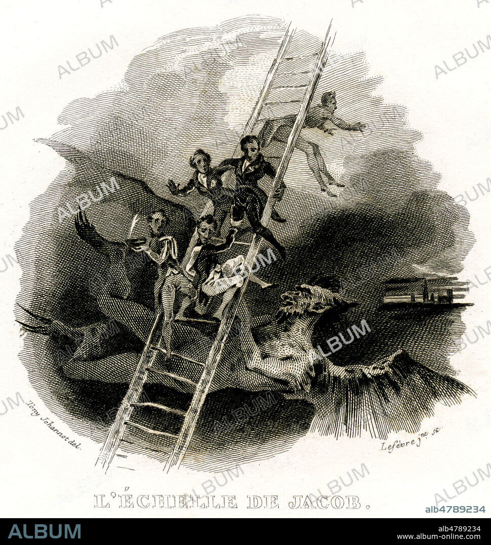 L'echelle de Jacob. Illustration de 1834 par Tony JOHANNOT (1803-1852) pour une chanson tiree des Oeuvres completes de BERANGER (1780-1857). Credit : Collection Jonas/Kharbine-Tapabor.