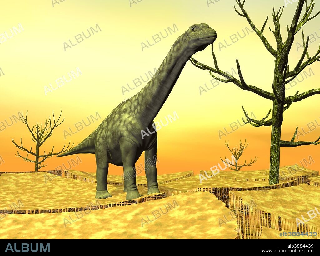 Argentinosaurus dinosaur standing on the cracked desert ground next to dead trees.