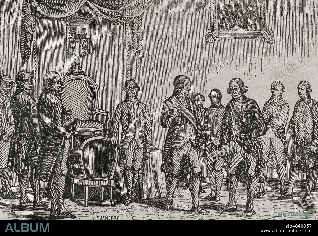 Guerra del Rosellón, también llamada Guerra de los Pirineos o Guerra de la Convención (1793-1795). Conflicto entre la España de Carlos IV y la Primera República Francesa. Debate entre el duque de la Alcudia y el conde de Aranda según el abate Muriel. Reunión celebrada el 14 de marzo de 1794. Estuvieron presentes los consejeros Aranda, Amodóvar, Valdés, Caballero, Astorga, Campo Alange, Flores, Campomanes, Gardoqui, Godoy, Colomera, Socorro, Pacheco, Llaguno y Anduaga (secretario). Enojo del rey Carlos IV con el conde de Aranda. Grabado por Villegas y Chamorro. Grabado. "Historia del Levantamiento, Guerra y Revolución de España", por el conde de Toreno. Madrid,1851.