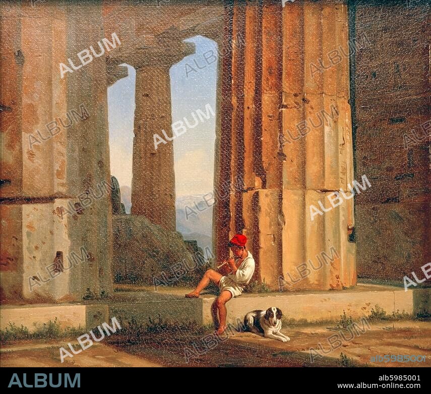 CONSTANTIN HANSEN. Hansen, Constantin; 1804-1880. "Ansicht des Poseidon-Tempels in Paestum" (Heratempel; großgriechisch, um 460 v. Chr.), 1839. Öl auf Leinwand, 30 × 34 cm. Inv. Nr. B 220.