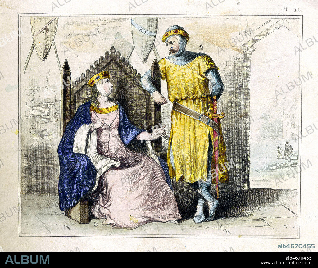 Couple de Nobles anglais (Alberic Comte d'Oxford grand chambellan et sa femme) sous le regne de Jean sans Terre, en 1204. Gravure in Histoire complete de tous les peuples, 1846. Credit Collection Grob/Kharbine Tapabor.