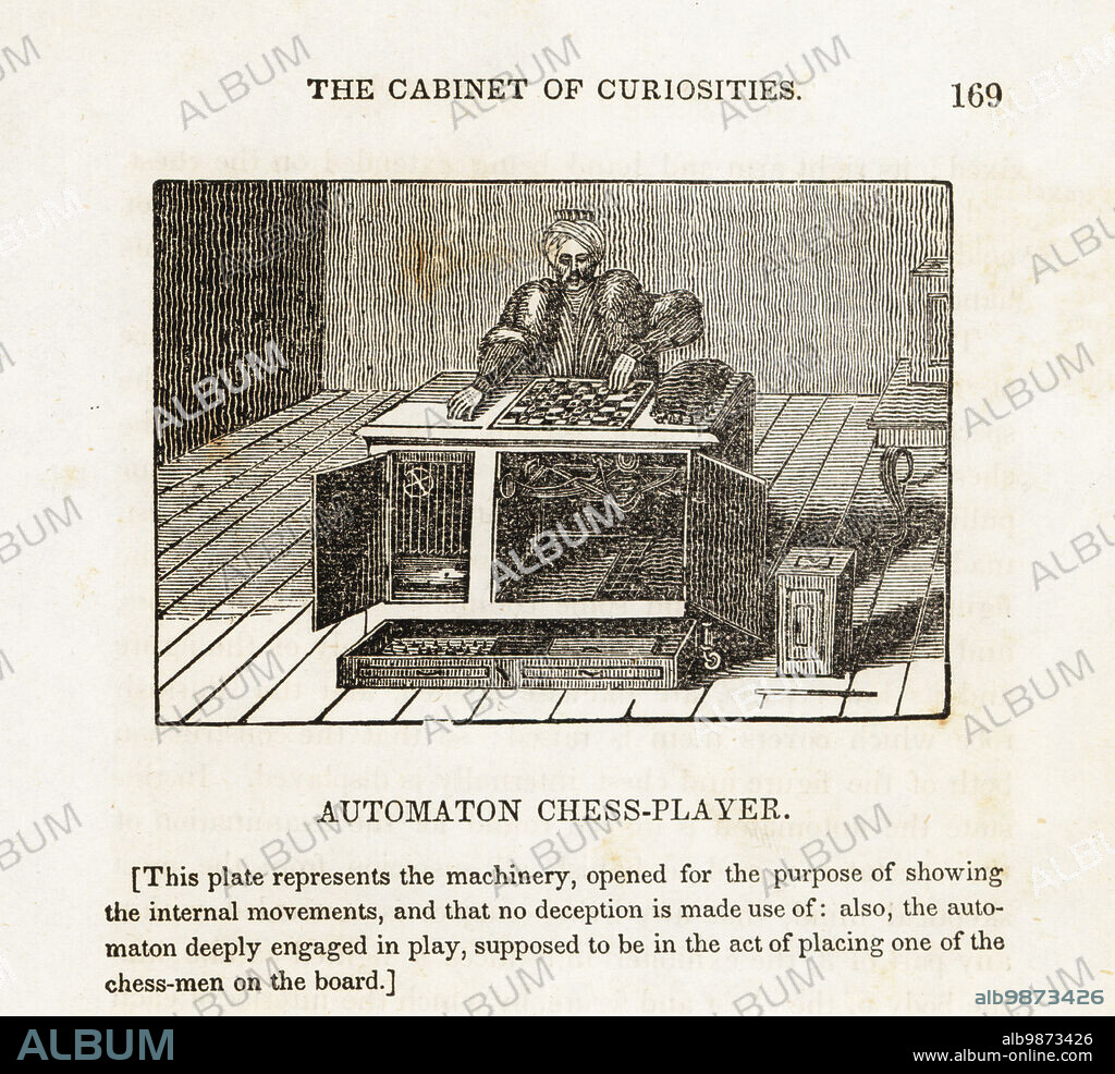 The Turk, fraudulent robotic chess-player invented by Hungarian inventor Wolfgang de Kempelen 1734-1804. In fact, a man was hidden inside the machine. Given to Maria Theresa of Austria in 1769. Automaton chess-player. Woodcut from The Cabinet of Curiosities, or Wonders of the World Displayed, Henry Piercy, New York, 1836.
