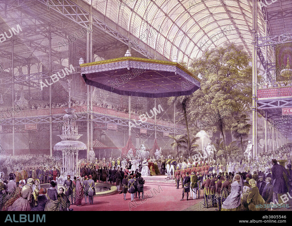Entitled: The state opening of the great exhibition of All Nations, May, 1st 1851. The Great Exhibition of the Works of Industry of all Nations was an international exhibition that took place in Hyde Park, London, from May 1st to October 11th, 1851. It was the first in a series of World's Fair exhibitions of culture and industry that became popular in the 19th century and was a much anticipated event. The Great Exhibition was organized by Henry Cole and Prince Albert, husband of the reigning monarch, Queen Victoria. Six million people - equivalent to a third of the entire population of Britain at the time - visited the Great Exhibition. The event made a surplus of 186,000 ( 18,190,000 in 2015), which was used to found the Victoria and Albert Museum, the Science Museum and the Natural History Museum. Victoria (May 24, 1819 - January 22, 1901) was Queen of the United Kingdom of Great Britain and Ireland. Her reign is known as the Victorian era. It.
