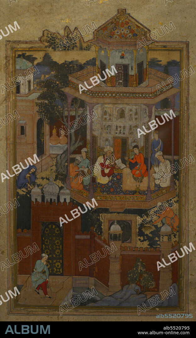 Miniatura con escena cortesana, siglos XVI-XVII. Periodo mogol (1526-1761). India. Gouache, tinta y oro sobre papel. Museo Calouste Gulbenkian. Lisboa. Portugal.
