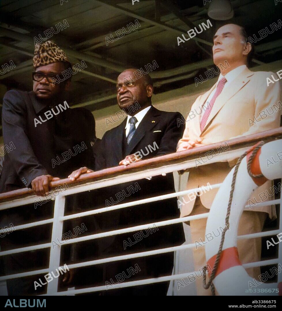 Left to right: Mobutu sese seko President of Zaire, Felix Houphouet Boigny, President of Ivory Coast and French president Francoise Mitterrand meet.