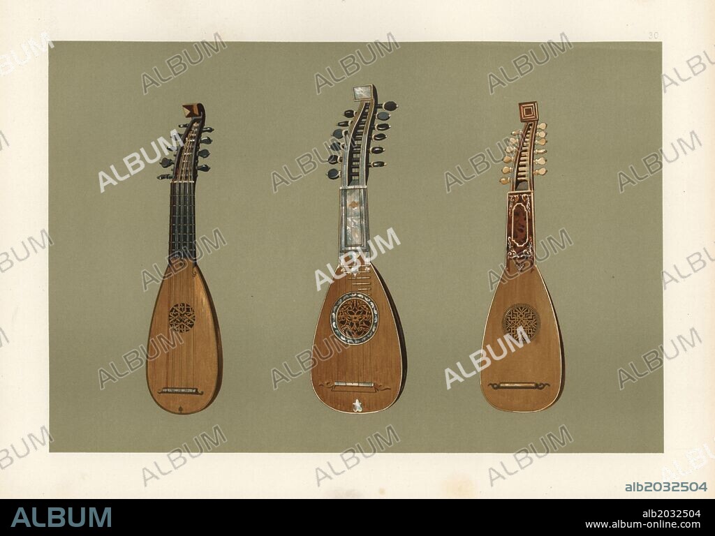 Pandurina or discant lute from 1734 (left), Milanese mandoline lute decorated with mother-of-pearl from 1775 (centre), and Milanese mandoline lute decorated with tortoiseshell and ivory from 1739 (right). Chromolithograph from an illustration by William Gibb from A.J. Hipkins' "Musical Instruments, Historic, Rare and Unique," Adam and Charles Black, Edinburgh, 1888. Alfred James Hipkins (1826-1903) was an English musicologist who specialized in the history of the pianoforte and other instruments. William Gibb was a master illustrator and chromolithographer and illustrated "The Royal House of Stuart" (1890), "Naval and Military Trophies" (1896), and others.