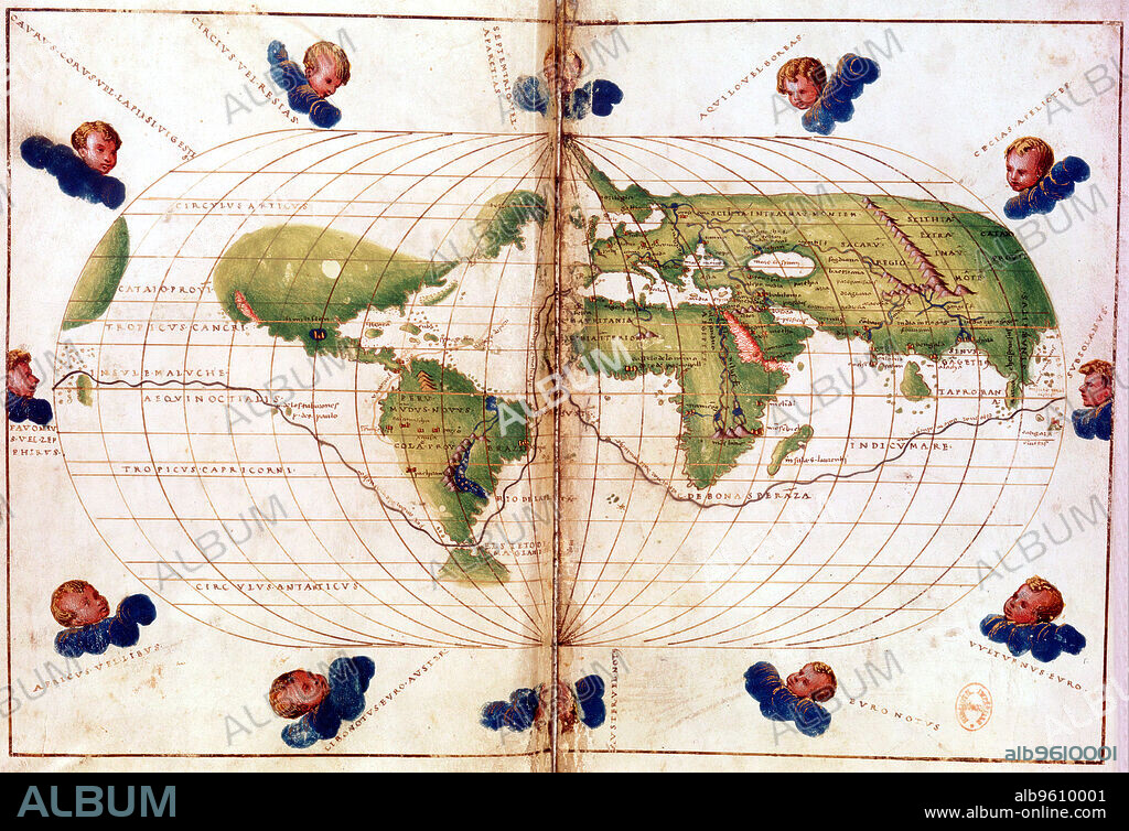 Map of Magellan's round the world voyage, 1519-1521. A Portuguese-born navigator sponsored by Spain, Ferdinand Magellan (c1480-1521) led the expedition that made the first circumnavigation of the globe. This Mercator projection map shows the route taken, which included the first passage through the straits at the southern tip of South America that bear Magellan's name. Magellan did not himself complete the voyage, as he was killed in the Philippines in a clash with natives. Of the five ships that set out from Spain in 1519, only one, the Victoria, commanded by Juan de Elcano, returned safely. From the Bibliotheque Nationale, Paris.