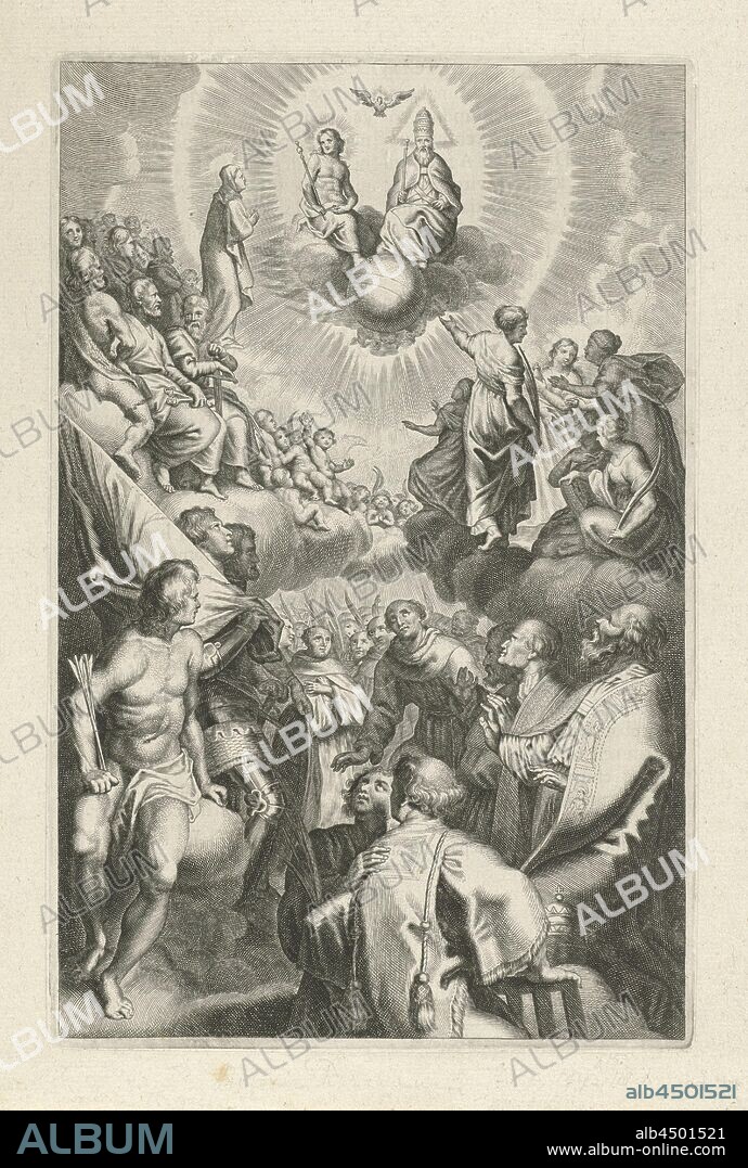 All Saints representation, All saints are gathered around the throne Trinity of Christ, God and the Holy Spirit (including St. Sebastian, St. George, St. Catherine of Constantinople, etc.). Mary is standing next to the Trinity. The print has a Latin caption, devotion: All Saints picture, 'All Saints' image', anonymous, Antwerp, 1614 - 1683, paper, engraving, h 266 mm × w 173 mm.