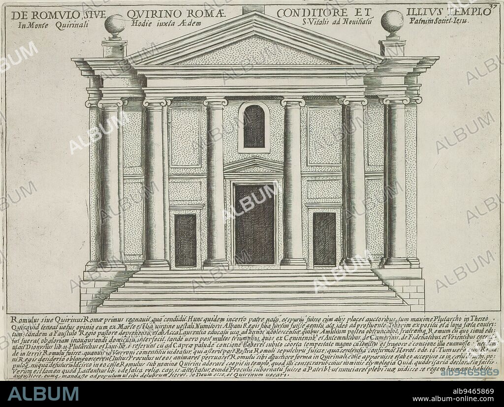 Temple to Quirinus on Quirinal Hill at Rome, De Venere Genitrice et de Eius Templo in Foro Caesaris (title on object), Antique monuments (series title), Antiquae Urbis Splendor (series title), Text in Latin in lower margin. Numbered top right: 37. The print is part of an album., print maker: Giacomo Lauro, printer: Giacomo Mascardi, print maker: Italy, printer: Rome, in or after 1637, paper, etching, height 179 mm × width 233 mm.