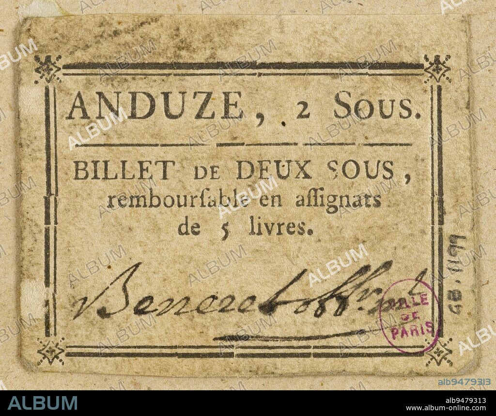 Billet of 2 sols, commune of Anduze, Municipality (Anduze, Gard), Issuing authority, Beneret, Signatory, Array, Numismatics, Manuscripts, printed matter, Binding, Confidence bill, Typography = letterpress printing, Gard, Height: 4.4 cm, Width: 5.5 cm.