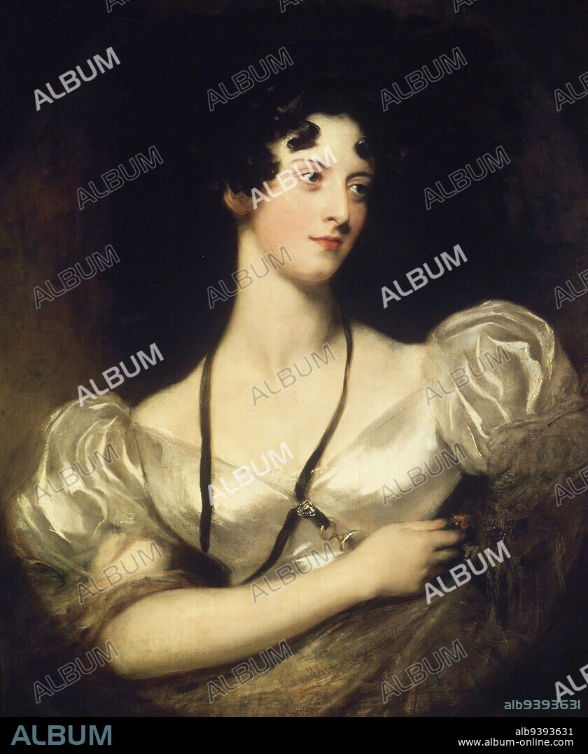 Portrait of Miss Caroline Fry, Sir Thomas Lawrence, British, 1769-1830, Oil on canvas, England, 1820-1830, 29 7/8 x 25 in., 75.9 x 63.5 cm, bare shoulder, beauty, blush, bodice, bosom, breast, cleavage, creamy throat, curl, decolletage, Empire waist, evening gown, eyebrow, female beauty, forehead, gaze, gown, ivory skin, low cut, milky neck, neck, neck ribbon, neckline, portrait of a lady, puff sleeve, Regency, Regency era, ringlets, ruby lips, satin, shawl, shoulder, throat, vampire bait, wrap.