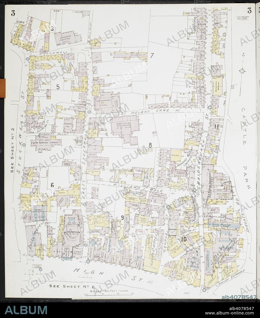 Map of Colchester, Essex. Colchester, (Essex) : [fire insurance plans]. London : Chas. E. Goad Limited, 1909. 63x54cm.; Scale [1:480]. 40ft = 1 inch. Source: Maps 149.b.29.(2) Sheet 3.