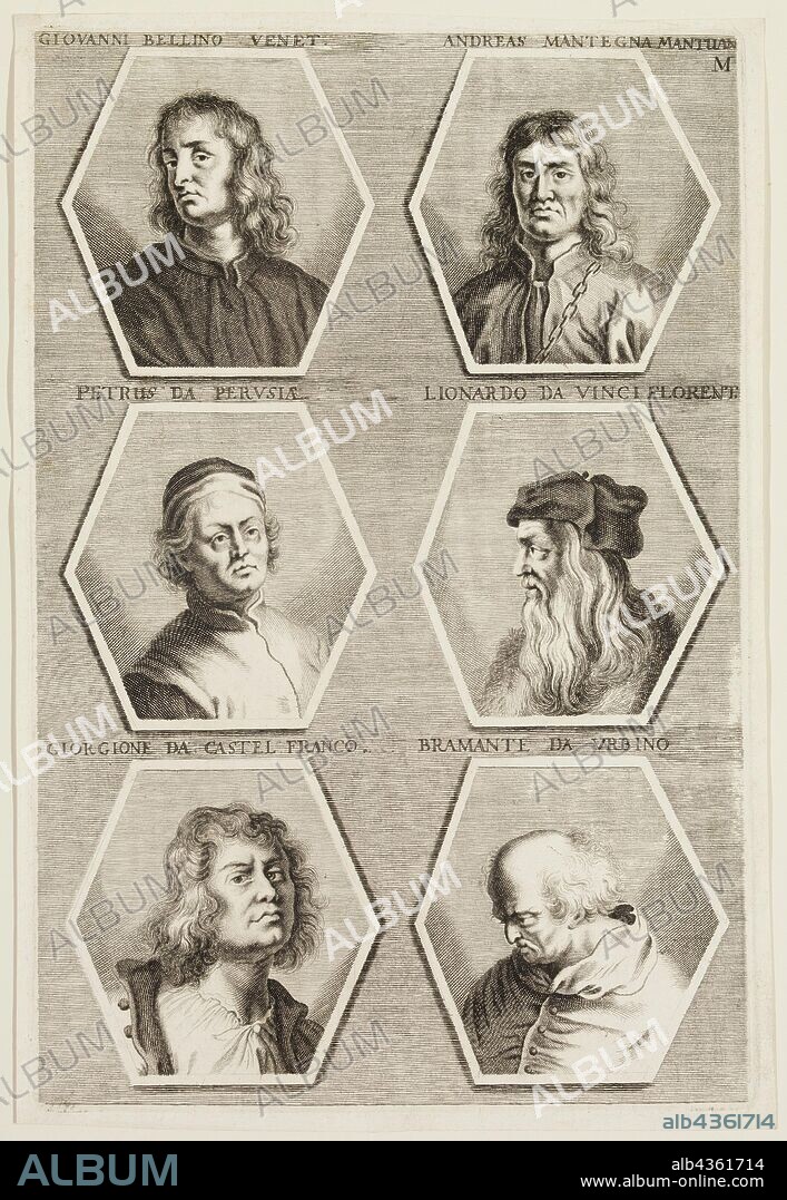 Jacob von Sandrart, German, 1630-1708, Portraits of Giovanni Bellini, Andrea Mantegna, Perugino, Leonardo da Vinci, Giorgione da Castel Franco, and Bramante da Urbino, ca. 1683, engraving printed in black ink on laid paper, Plate: 12 3/8 × 8 1/4 inches (31.4 × 21 cm).