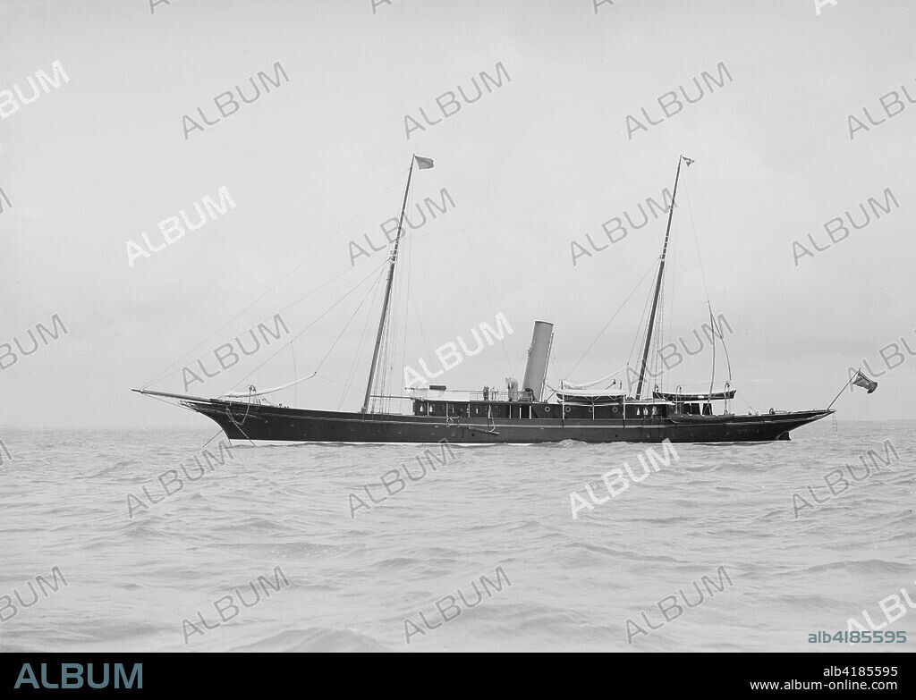 The steam yacht 'Greta' at anchor, 1912. 'Greta' was built by Scott & Co at Greenock in 1895. She was later named 'Laranda'.