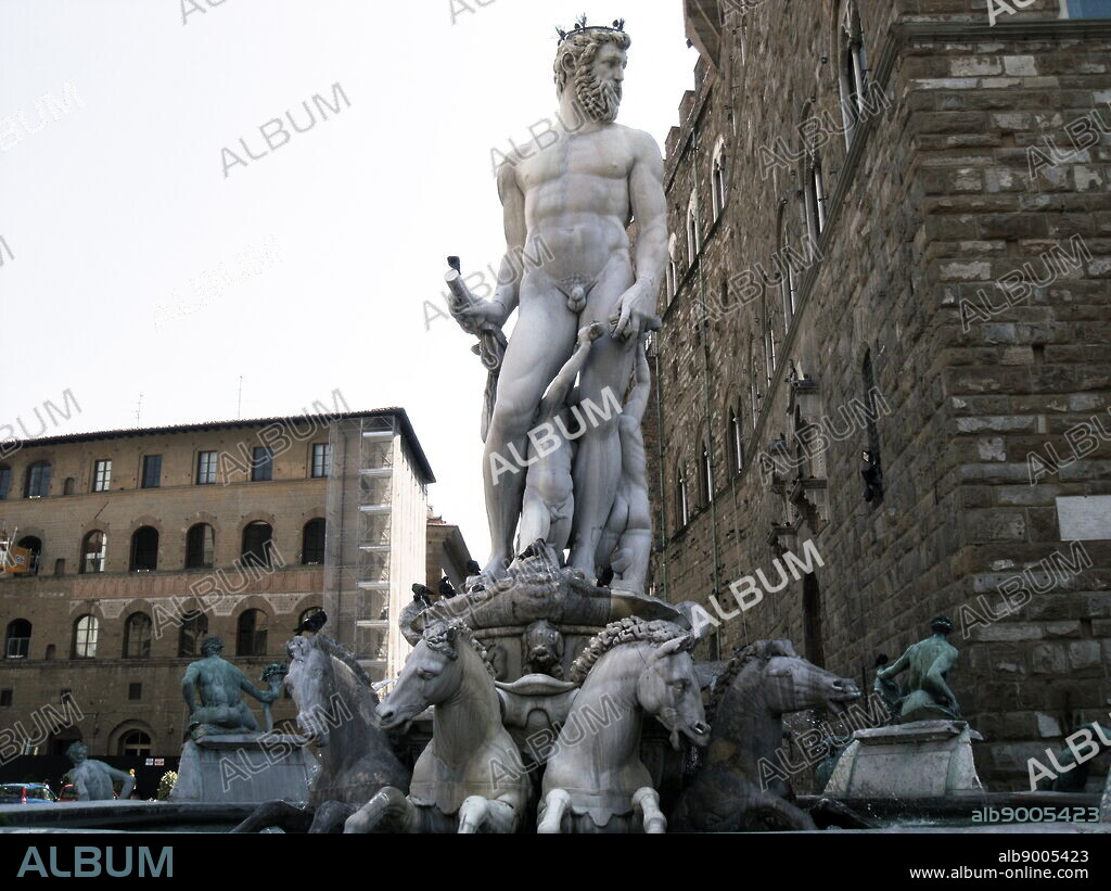 The Fountain of Neptune in the Piazza della Signoria (a square in front of the Palazzo Vecchio) Florence, Italy. It was commissioned in 1565 and is by the sculptor Bartolomeo Ammannati, the design however was done by Baccio Bandinelli before he died. The sculpture is made from Apuan Marble, and is meant to represent the Florentine dominion over the sea. It was commissioned for a wedding, and the face of Neptune resembles that of Cosimo I de'Medici, Duke of Florence/Grand Duke of Tuscany, and father of the groom.