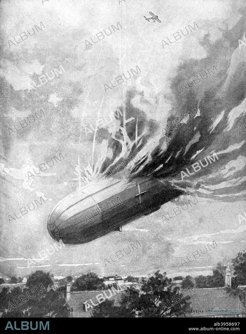 Zeppelin destroyed by an English aviator, 1915. On 7 June 1915 Flight Sub-Lieutenant Reginald Warneford, flying a Morane-Saulnier Type L, attacked and completely destroyed the German airship LZ37 in mid air over Ghent, Belgium. He pursued the Zeppelin inland from the coast at Ostend and brought it down by dropping bombs onto it, despite encountering machine gun fire from the airship. The explosion of the Zeppelin caused the engine of Warneford's aircraft to stop, forcing him to land behind enemy lines. After repairing the damage he was able to take off again and fly back to his base. Warneford received the Victoria Cross for his actions.