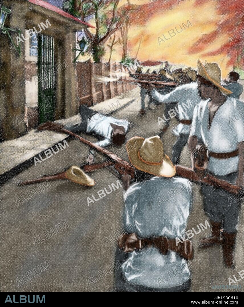 GUERRA DE LA INDEPENDENCIA DE LAS FILIPINAS. "LAS FUERZAS FILIPINAS ATACANDO LAS CASAS OCUPADAS POR EL REGIMIENTO YANKI DE VOLUNTARIOS DE MINNESOTA, DURANTE EL INCENDIO DEL BARRIO DE TONDO EN MANILA". Grabado coloreado de "La Ilustración Artística" (1899) .