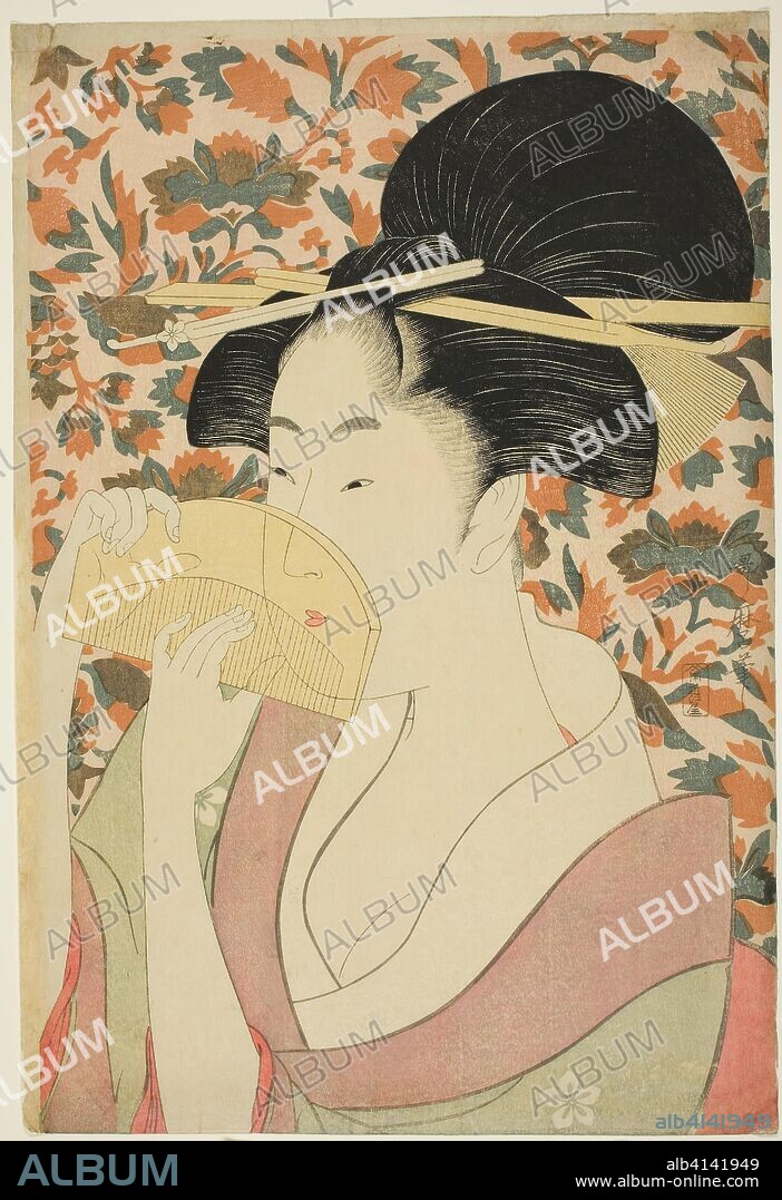 Woman Holding a Tortoise-shell Hair-comb. Kitagawa Utamaro ??? ??; Japanese, 1753 (?)-1806. Date: 1790-1801. Dimensions: 39.2 x 26.6 cm. Color woodblock print; oban. Origin: Japan.