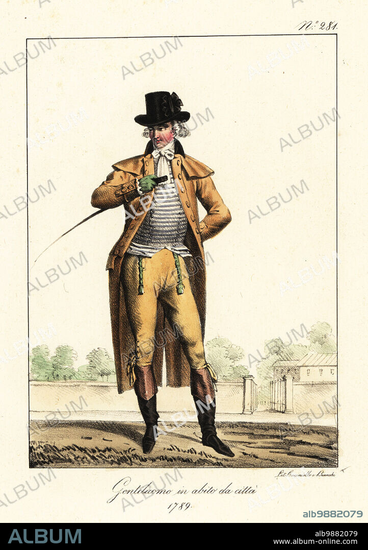 French fop or dandy in morning riding outfit, 1789. He wears a hat with cockade, redingote coat with large collar, cravat, striped waistcoat, buff breeches, boots with high cuffs. Elegant en costume du matin. Handcoloured lithograph by Lorenzo Bianchi and Domenico Cuciniello after Hippolyte Lecomte from Costumi civili e militari della monarchia francese dal 1200 al 1820, Naples, 1825. Italian edition of Lecomtes Civilian and military costumes of the French monarchy from 1200 to 1820.