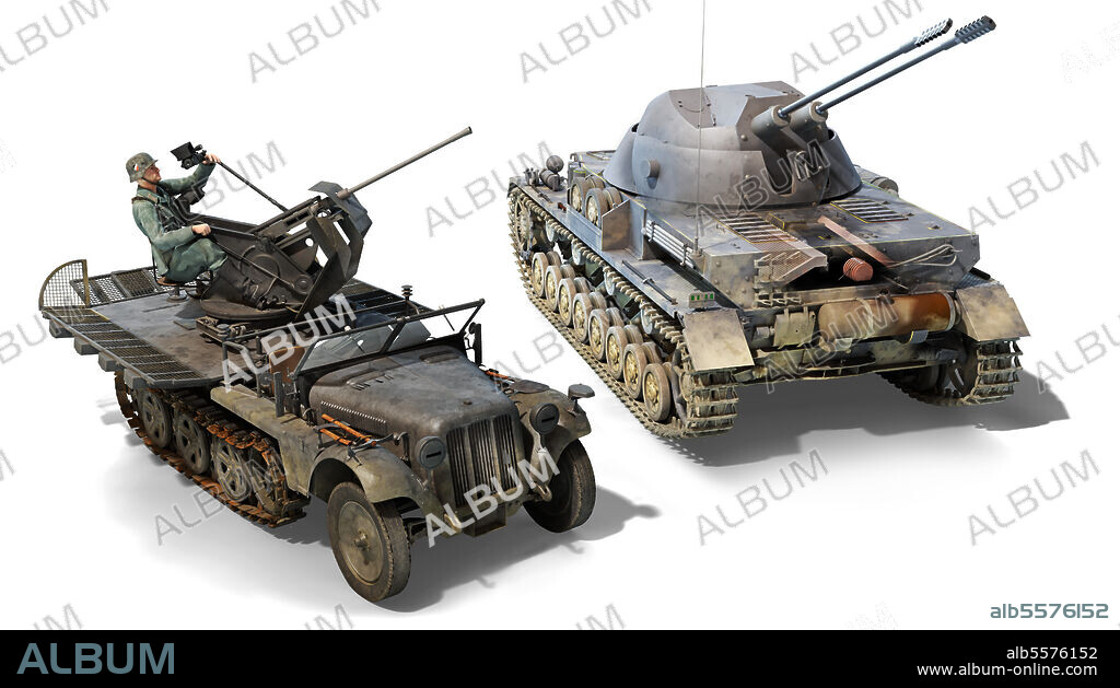 The main self-propelled anti-aircraft guns used by the German Army in 1940. The Flak 30 over Sd.Kfz. 10/4, and the last prototype of FlakPanzer (anti-aircraft tank), the Kugelblitz, a sophisticated dual mount in the chassis of a Panzer IV tank.
