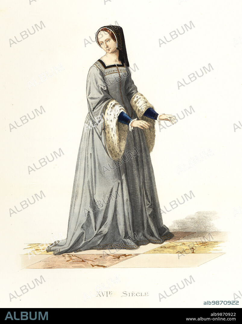 Woman in the court of King Francis I. In black chaperon hood, grey gown with square-cut bodice, fur-lined sleeves. Dame de la Cour de Francois I. After a miniature in a manuscript offered to Louise de Savoie. Handcolored lithograph after an illustration by Edmond Lechevallier-Chevignard from Georges Duplessis's Costumes historiques des XVIe, XVIIe et XVIIIe siecles (Historical costumes of the 16th, 17th and 18th centuries), Paris, 1867. Edmond Lechevallier-Chevignard was an artist, book illustrator, and interior designer.