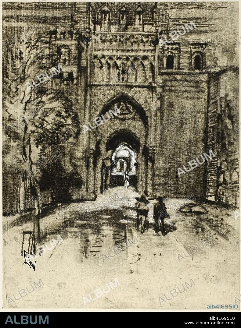 Superb Puerta del Sol. Joseph Pennell; American, 1857-1926. Date: 1903. Dimensions: 283 x 218 mm. Oiled charcoal with stumping and erasing, heightened with touches of white chalk, on cream wove paper, perimeter mounted on off-white wood pulp laminate board. Origin: United States.
