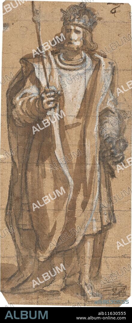 VINCENZO CARDUCCI. Vicente Carducho / 'Figura de un rey'. Finales del siglo XVI - Primer tercio del siglo XVII. Aguada parda, Albayalde, Pluma, Preparado a lápiz, Cuadriculado sobre papel, 163 x 70 mm.
