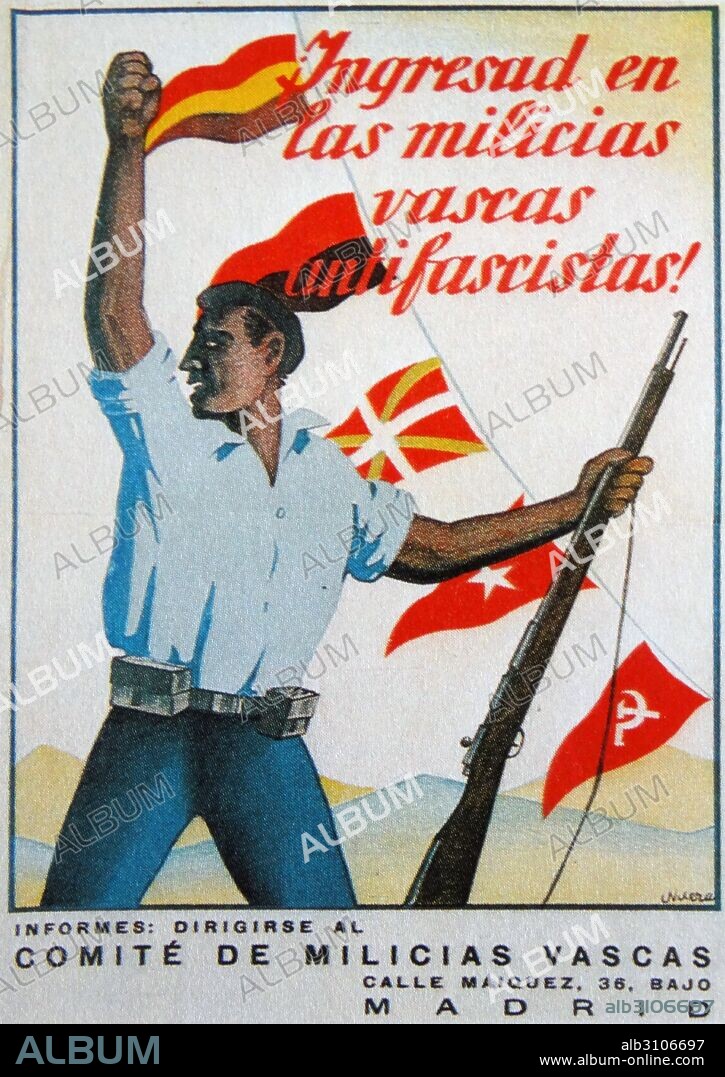 Ingresad en las Milicias vascas antifascistas! Join the anti-fascist militias recruitment poster, during the Spanish Civil War.