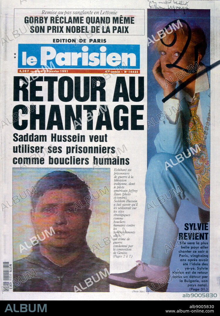 headline in 'le Parisien' a French newspaper, 2nnd January 1991, concerning captured US pilot during the Gulf War (2 August 1990 28 February 1991). codenamed Operation Desert Shield and Operation Desert Storm, the war waged by coalition forces from 35 nations led by the United States against Iraq in response to Iraq's invasion and annexation of Kuwait. the pictures show French filed commanders and the French War cabinet under President Mitterrand.