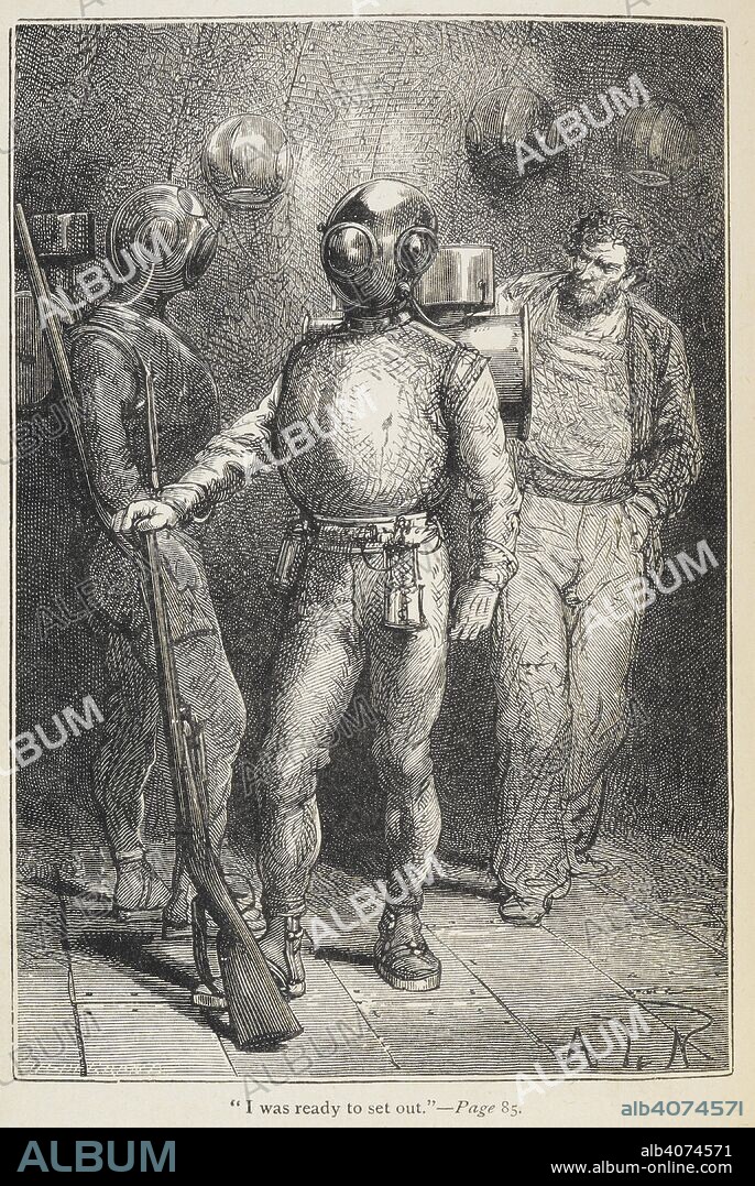 JULES VERNE. "I was ready to set out". Professor Pierre Aronnax in a diving suit, on board the 'submarine, Nautilus'. Twenty thousand Leagues under the Seas. Translated from the French With illustrations. Third edition. London : Sampson Low & Co., 1873. Source: 12516.g.21 opposite page 85. Language: English.