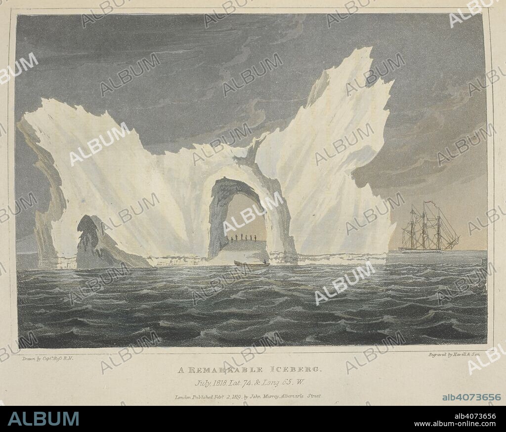 JOHN ROSS. A remarkable iceberg. July, 1818. Lat.74 & Long. 65 W. Voyage of Discovery, made under the orders of the Admiralty, in his Majesty's ships Isabella and Alexander for the purpose of exploring Baffin's Bay, and enquiring into the possibility of a North-West Passage. London : cxlix. J. Murray, 1819. Source: G.7399 plate opposite page 58.