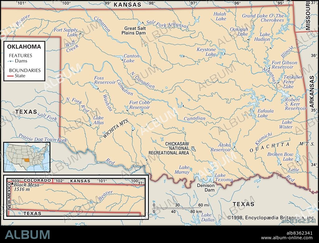 Physical map of Oklahoma.