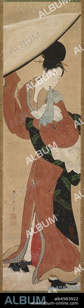 Lady with a Parasol, early 1800s. This painting depicts a youg woman braving the elements as she hurries home from the local bathhouse. The action depicted accentuates her slender neck and bare legs. In later Japanese art, images of beautiful women in bare feet and a towel between their teeth have sensual overtones.