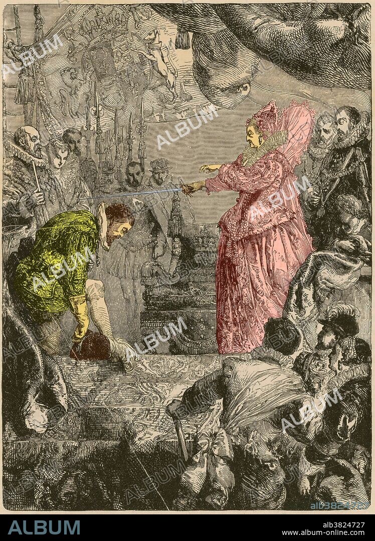 Drake knighted by Queen Elizabeth I in 1581. Sir Francis Drake, Vice Admiral (1540-1596) was an English sea captain, privateer, navigator, slaver, explorer and politician of the Elizabethan era. He was second-in-command of the English fleet against the Spanish Armada in 1588. He carried out the second circumnavigation of the world, from 1577 to 1580. He died of dysentery in 1596 after unsuccessfully attacking San Juan, Puerto Rico. His exploits were legendary, making him a hero to the English but a pirate to the Spaniards to whom he was known as El Draque. King Philip II was claimed to have offered a reward of 20,000 ducats, about $6.5 million by modern standards, for his life. Elizabeth I of England awarded Drake a knighthood in 1581.
