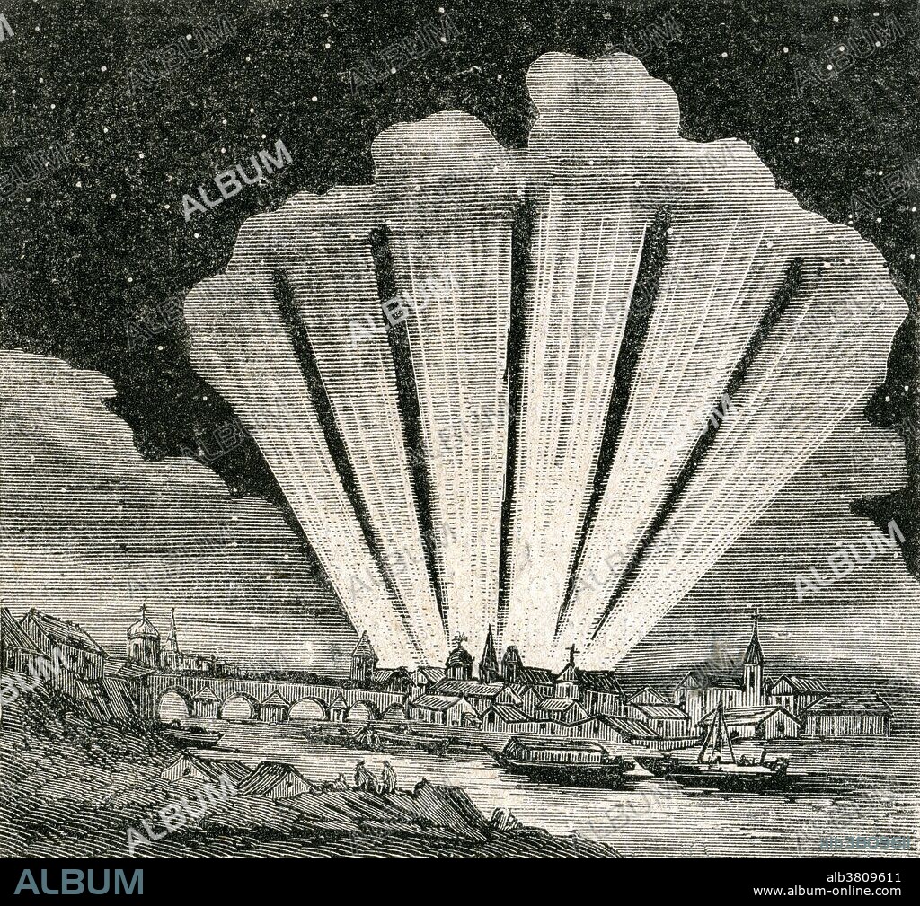 The Great Comet of 1744, whose official designation is C/1743 X1, and which is also known as Comet de ChÃ©seaux or Comet Klinkenberg-ChÃ©seaux, was a spectacular comet that was observed during 1743 and 1744. It was discovered independently in late November 1743 by Jan de Munck, in the second week of December by Dirk Klinkenberg, and, four days later, by Jean-Philippe de ChÃ©seaux. It became visible with the naked eye for several months in 1744 and displayed dramatic and unusual effects in the sky. This comet is noted especially for developing a 'fan' of six tails after reaching its perihelion. Among those who saw the comet was the 13 year old Charles Messier, on whom it had a profound and inspirational effect. He went on to become a significant figure in astronomy, and later discovered many comets during his observations. Undated image from Le Magasin Pittoresque (The Quaint Shop) a magazine published in French in January 1833 to 1938.