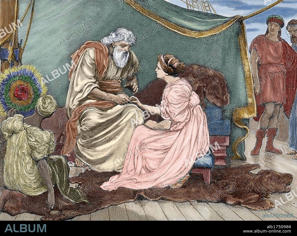 Pericles, príncipe de Tiro. Obra de época Jacobea escrita, al menos en parte, por William Shakespeare (1564-1616). Pericles y su hija Marina. Grabado coloreado.