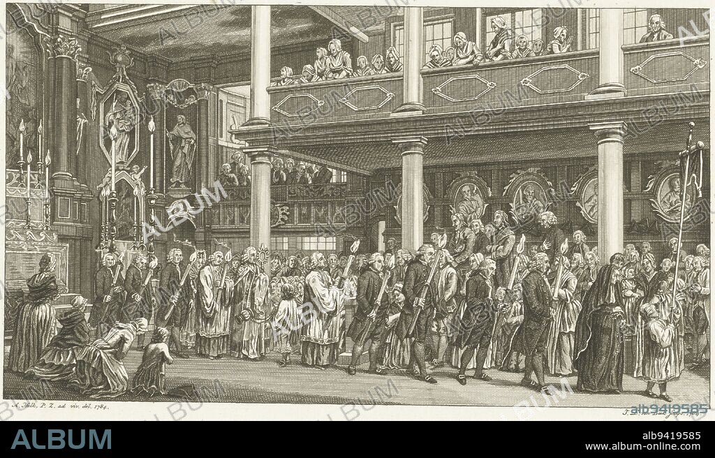 Procession in Moses and Aaron church in Amsterdam, 1784, Jan Lucas van der Beek, after A. Hulk, 1784, print maker: Jan Lucas van der Beek, (mentioned on object), intermediary draughtsman: A. Hulk, (mentioned on object), Amsterdam, 1784, paper, etching, engraving, h 232 mm × w 378 mm.