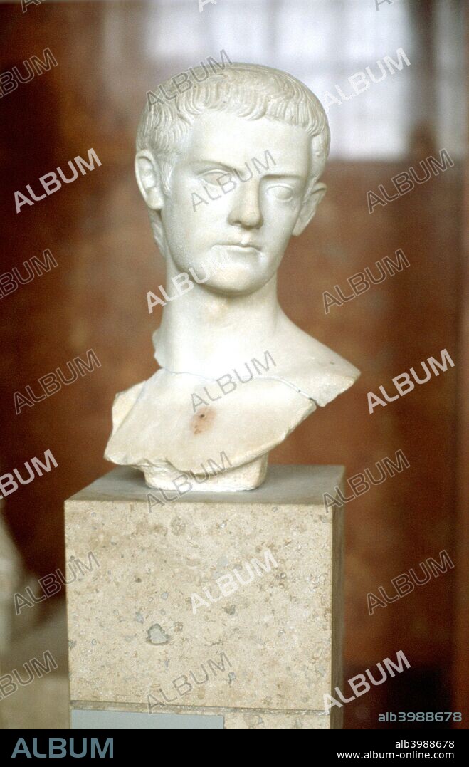 Marble bust of the Emperor Caligula. Caligula (12-41 AD) was the third Roman Emperor, ruling from 37 until he was assassinated in 41. Roman historians portray him as eccentric, depraved, cruel and insane, but some modern scholars question whether their accounts may have been biased or exaggerated. From the Louvre, Paris.