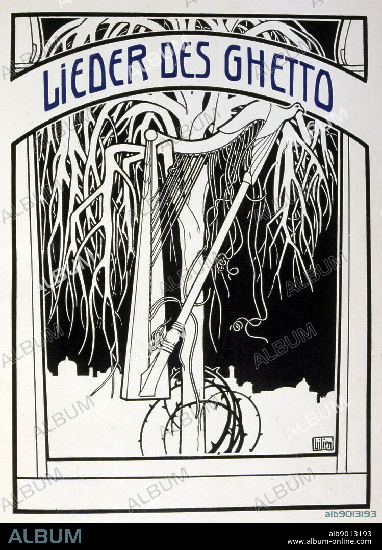 Illustration from Ephraim Moses Lilien 'Lieder des Ghetto' (songs from the ghetto) 1902, by Morris Rosenfeld (Moshe Jacob Alter) (1862 - 1923); Yiddish poet. Ephraim Moses Lilien (1874-1925), art nouveau illustrator and printmaker, noted for his art on Jewish themes. He is sometimes called the "first Zionist artist.