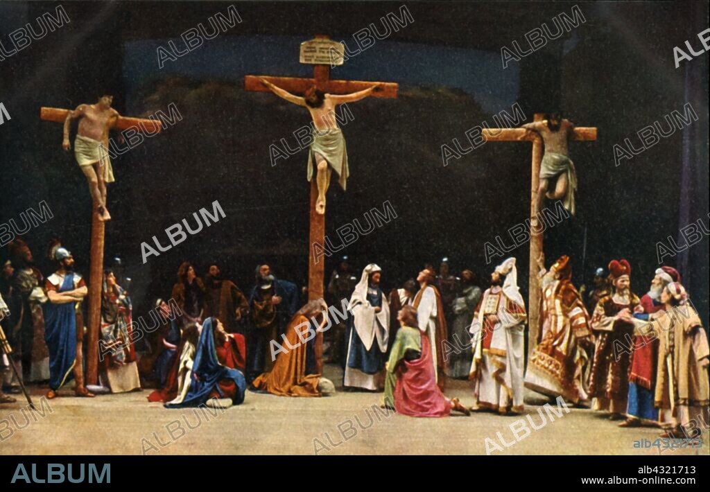 HENRY TRAUT. The Crucifixion, 1922. Players in the Oberammergau Passion Play. The play is performed every 10 years, on open-air stages, by the inhabitants of the village of Oberammergau in Bavaria, Germany. First staged in 1634, the play tells the story of Jesus' passion, culminating in his crucifixion. The event has become a tourist attraction, with audiences coming from all over the world. Official postcard of the 1922 Oberammergau Passion Play. [F. Bruckmann, Munich, Germany, 1922].