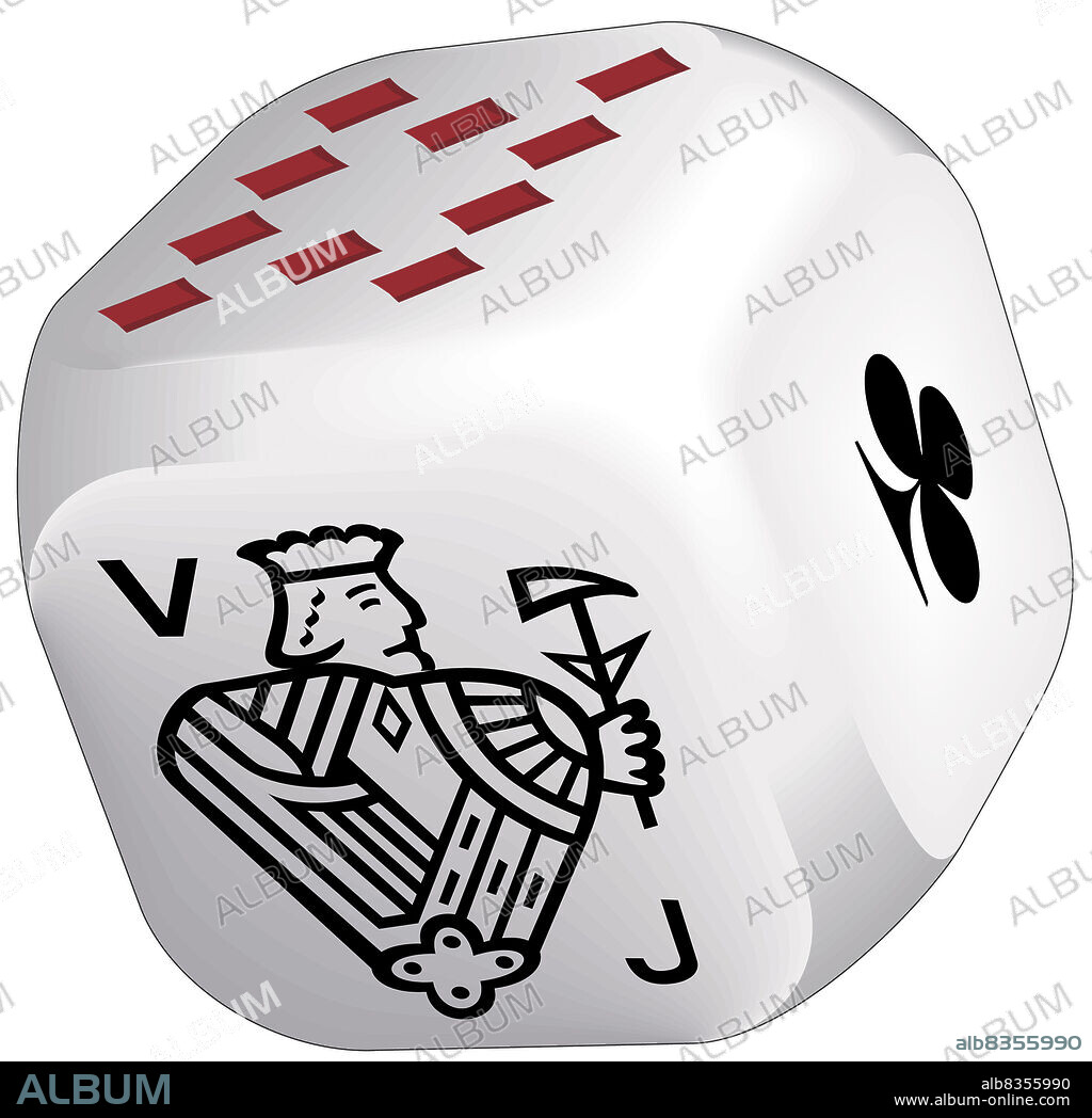 Small cube marked on each side with card symbols; it is used to play poker dice, a game similar to poker, which is played with five dice.