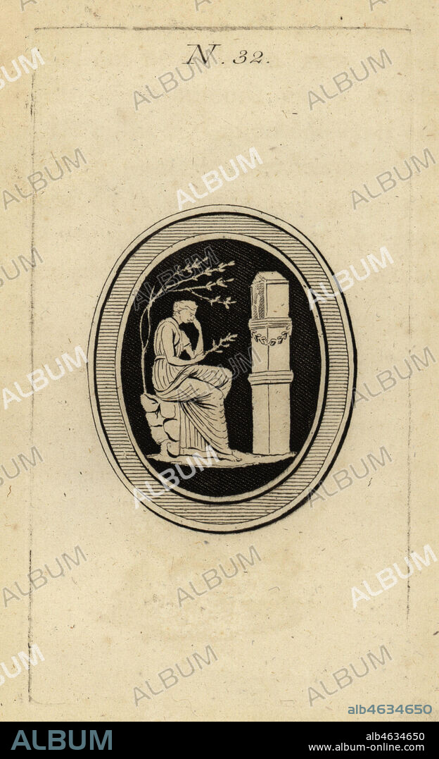 Valeria Messalina sitting before a shrine to Priapus. Messaline assise devant une oedicula, ou petite chapelle de Priape. Copperplate engraving from Pierre-Francois dHarcanvilles Monumens du Culte Secret des Dames Romaines, Sabellus, Capri (Monuments to the Secret Cult of Roman Women, Leclerc, Nancy) 1780. Based on imaginary Spintria, medals and cameos.