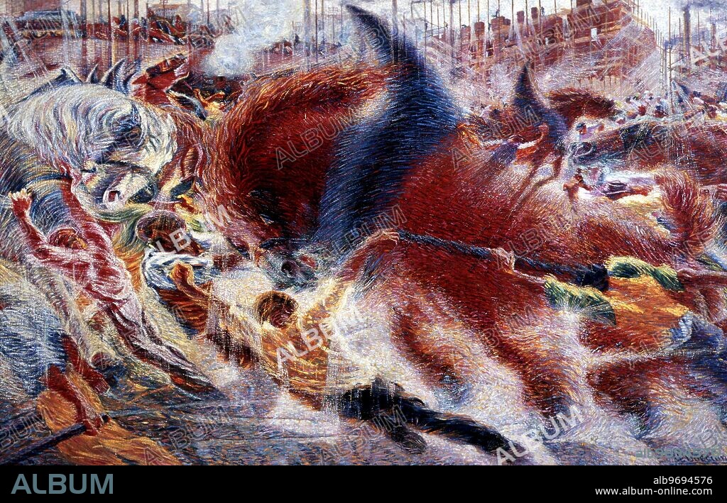 'L'eveil de la Cite' ('The City Awakes'), 1910 by Umberto Boccioni. The City Rises by Umberto Boccioni (1882-1916). Museum of Modern Art, New York. Against the Milanese urban background of smoking chimneys, scaffolding, a streetcar, and a locomotive, enormous draft horses tug at their harnesses, while street workers attempt to direct the animals' explosive strength. Yet the pictorial means of realizing this veneration of titanic energies and industrial activity are, in 1910, as anachronistic as the prominent role given to horse power. Basically, Boccioni still works here within a modified Impressionist technique whose atomizing effect on mass permits the forceful, churning symbols of horse and manpower to slip out of their skins in an Impressionist blur of moving light.. - ©TopFoto.
