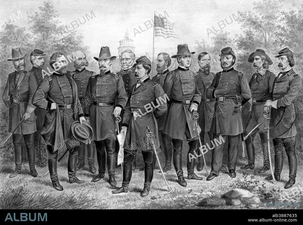 Digitally restored Civil War picture featuring famous Union Generals of the Civil War, standing in front of the Capitol Building and the American Flag. Featured Generals include from right to left, Oliver Howard, Philip Kearny, George Thomas, Ambrose Burnside, Winfield Scott Hancock, Winfield Scott, George McClellan, William Rosecrans, Joe Hooker, Lew Wallace, Ben Butler, George Armstrong Custer, and John Logan.