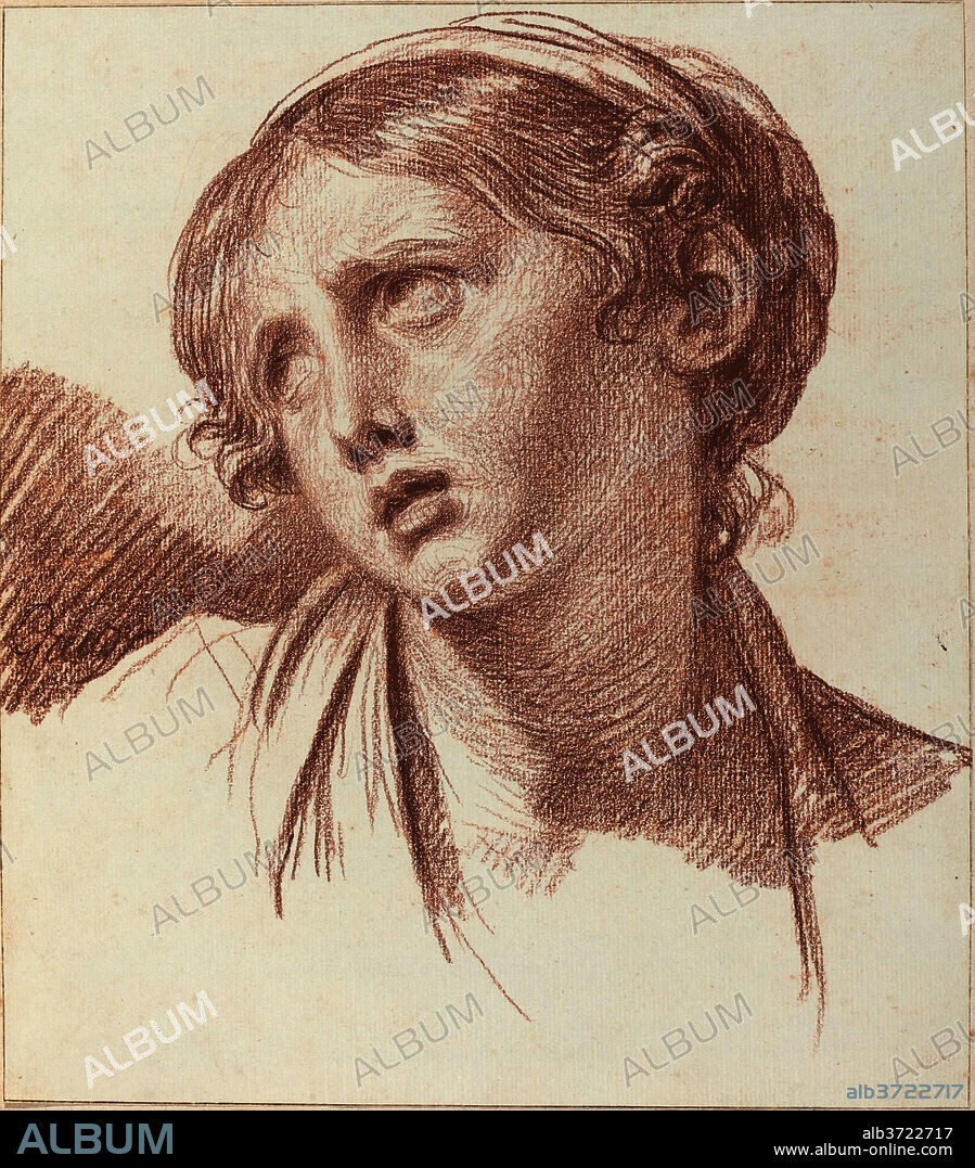 JEAN-BAPTISTE GREUZE. A Young Girl Looking Upward. Dated: c. 1778. Dimensions: overall: 34.6 x 30.5 cm (13 5/8 x 12 in.). Medium: red chalk on laid paper.
