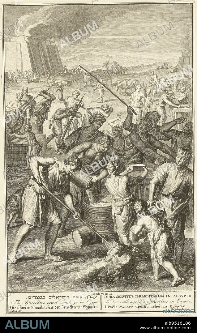 Israelites working for Pharaoh, Balthasar Bernards, after Gerard Hoet (I), 1720 - 1728, The Israelites must make stones for Pharaoh in Egypt. Pharaoh's overseers are not satisfied with the number of stones and beat the Israelites., print maker: Balthasar Bernards, (mentioned on object), intermediary draughtsman: Gerard Hoet (I), (mentioned on object), Amsterdam, 1720 - 1728, paper, engraving, h 352 mm × w 213 mm.