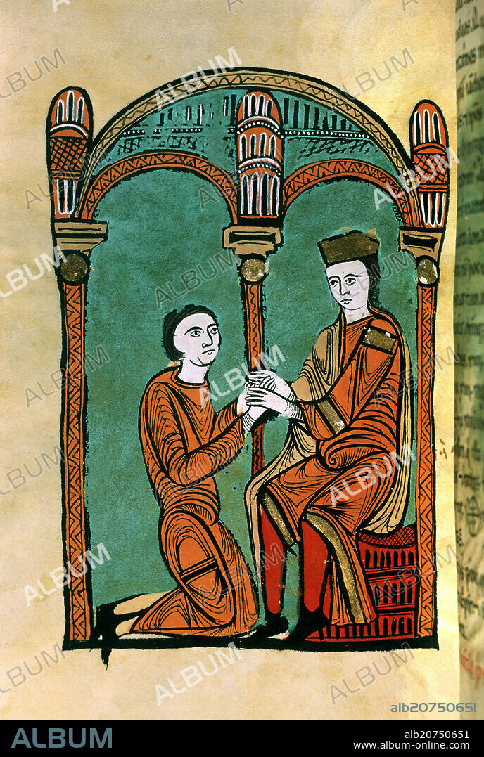 Liber feudorum maior. Folio 44 V. Vassal paying tribute to the Lord. 12th century. Barcelona, Corona Aragon archives.