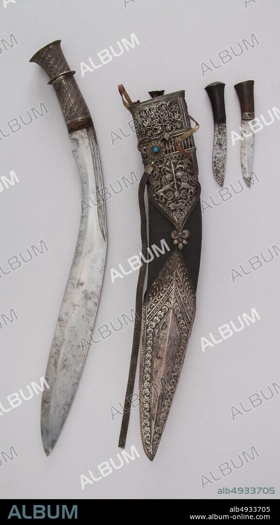 Knife (Kukri) with Sheath, Two Small Knives and Pouch, Indian or Nepalese, Gurkha, 19th century, Indian or Nepalese, Gurkha, Steel, silver, wood, leather, Knife (a); H. with sheath 18 1/16 in. (45.9 cm); H. without sheath 16 13/16 in. (42.7 cm); W. 1 11/16 in. (4.3 cm); Wt. 1 lb. 0.6 oz. (470.6 g); sheath (b); Wt. 9.5 oz. (269.3 g); small knife (c); H. 4 9/16 in. (11.6 cm); W. 7/8 in. (2.2 cm); Wt. 0.8 oz. (22.7 cm); small knife (d); H. 4 1/2 in. (11.4 cm); W. 15/16 in. (2.4 cm); Wt. 1.2 oz. (34 g), Knives.
