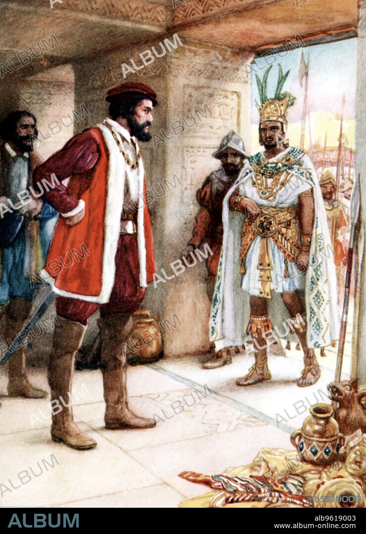 Hernan Cortes meeting the Aztec Emperor Montezuma, 1519. Cortes (1485-1547) was the Spanish conquistador who conquered Mexico and overthrew the Aztec Empire. Landing in Mexico in 1519, with a force of only some 600 men, Cortes succeeded in overthrowing the empire of the Aztecs, a civilization numbering 5 million. He was able to achieve this partly due to the natives being terrified of the Europeans' horses and firearms, neither of which they had seen before. In addition, the Aztecs believed a prophecy that they would be visited by a light-skinned bearded god, the Quetzalcoatl, who had taught them agriculture and government in the past, and whose return they were to welcome with great ceremony. Cortes was able to exploit his resemblance to the Quetzalcoatl to great effect.
